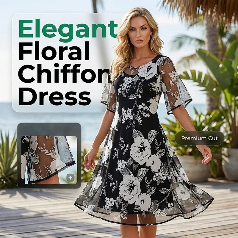 Elżbieta™ | Elegancka sukienka szyfonowa z kwiatowym nadrukiem