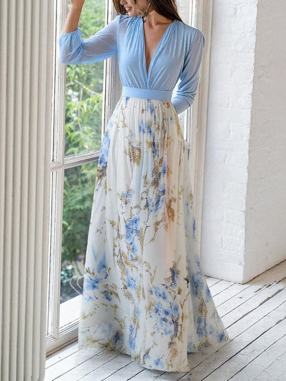 Modranka™ | Elegancka sukienka maxi z głębokim dekoltem i kwiatową spódnicą