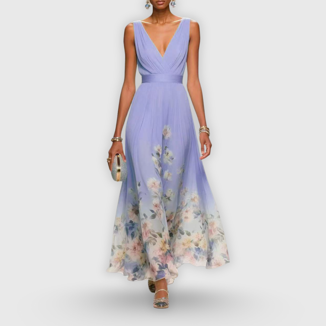 Nebeska™ | Elegancka sukienka maxi z głębokim dekoltem w serek i kwiatowym dołem