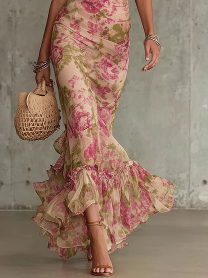 VintageRosePrintRuffledMaxiDressWithPuffSleeves 2