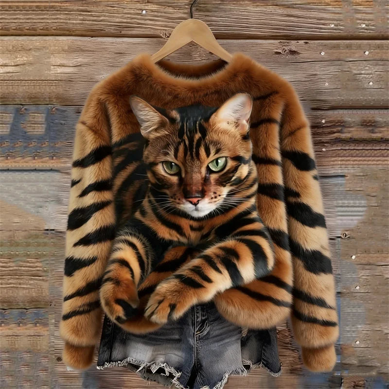 🐯🐱 Przytulna pluszowa bluza z tygrysim motywem i pręgowanym kotkiem