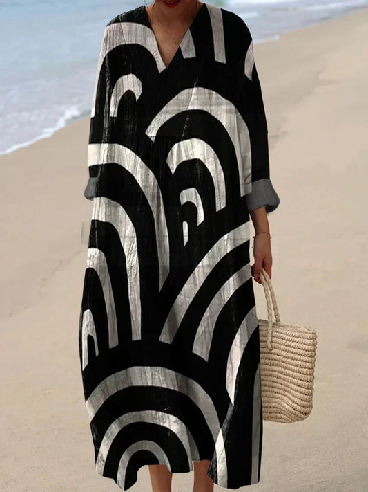 Mona™ | Artystyczna sukienka maxi w czarno-białe fale