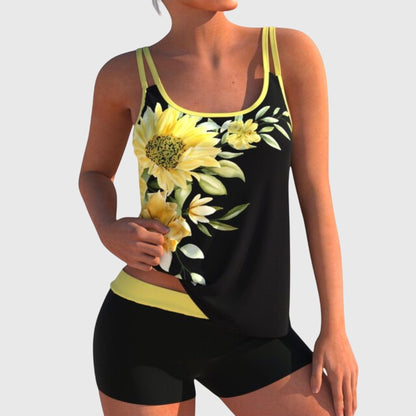 Kwiatuszek™ | Tankini z kwiatowym nadrukiem i szortami z efektem wyszczuplającym